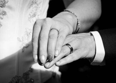 Bride and groom's hands with their wedding rings in close-up